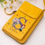 Personalised Cartoon Character Birth Flower Leather Phone Wallet Crossbody Bag with Initial Name and Multiple Compartments Birthday Gift for Women