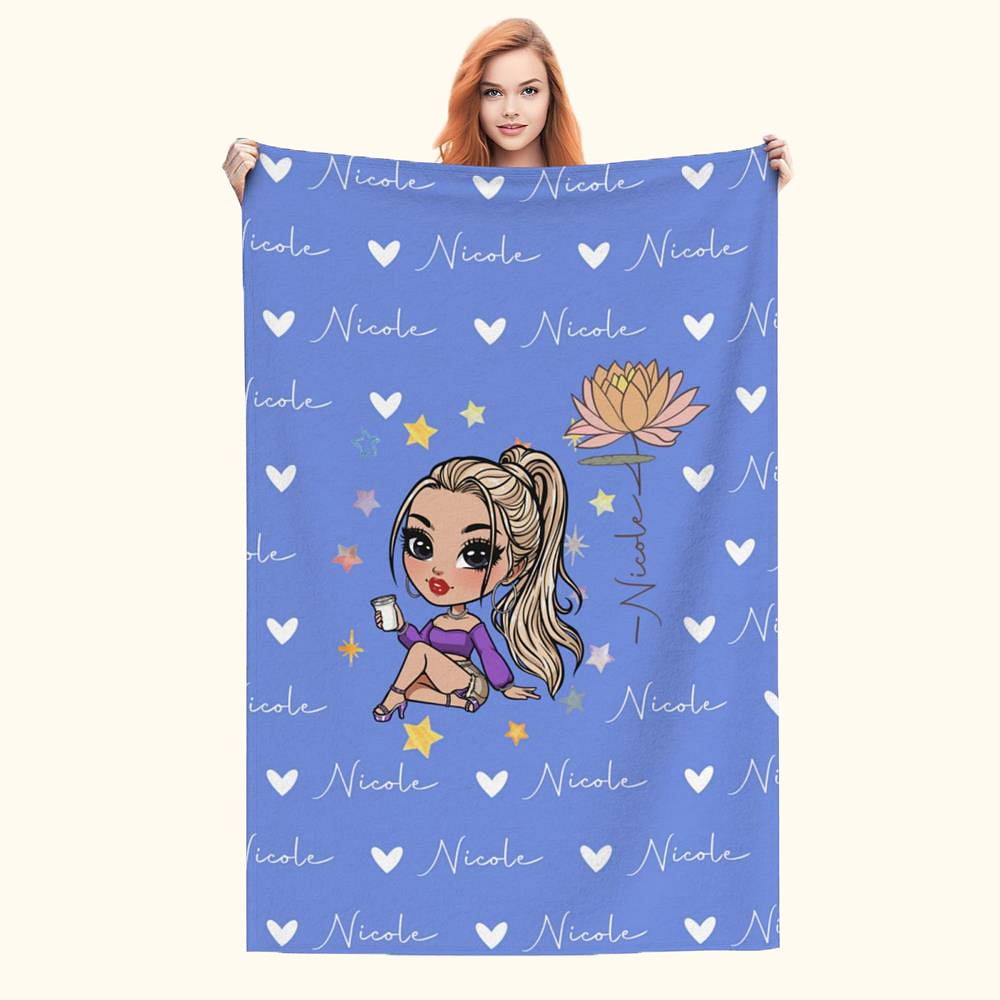Personnalisé Cartoon Fashion Girl Birth Flower Soft Throw Blanket with Love Heart and Name Home Decor Birthday Gift for Women Girls