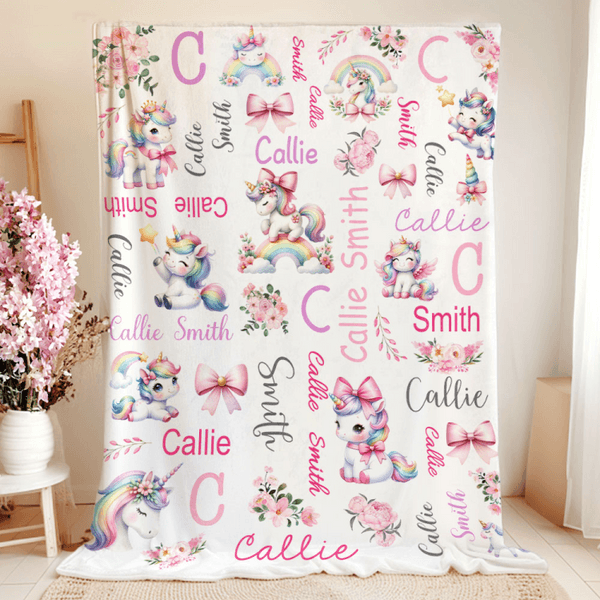 Personalized Floral Rainbow Fantasy Unicorn Pink Bow Soft Throw Blanket with Name Nursery Decor Baby Shower Birthday Gift for Newborns Girls