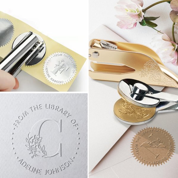 Personalized Floral Initial Book Embossing Stamp Hand Held Flower Embosser with Name and Title Birthday Library Gift for Bookworms Readers