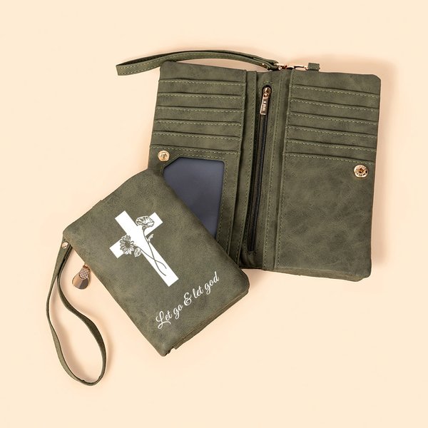 Personalized Cross Birth Flower Name Wristlet Leather Wallet with Card Slots Christian Baptism Birthday Gift for Women