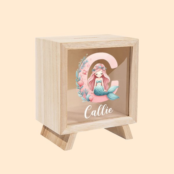 Henkilökohtainen Mermaid Initial Clear Wooden Piggy Money Box nimellä Syntymäpäivä Lasten päivä lahja tytöille