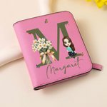 Henkilökohtainen sarjakuvahahmo Syntymä Kukka Nahka Compact Bifold Pocket lompakko nimi ja Initial Syntymäpäivä Vuosipäivä Lahja naisille Tytöt