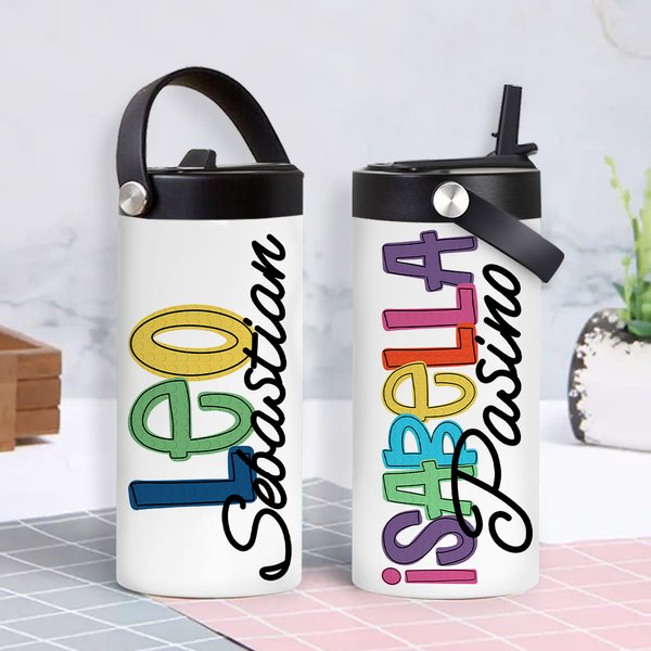 Personalisierte bunte Buchstabe Name isoliert 15oz Kind Wasserflasche mit Falten Stroh und Griff zurück zu Schule Geburtstag Geschenk für Jungen Mädchen