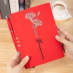 Personalised Birth Flower Leather A5 Lined Journal Notebook and Pen Set Birthday Gift for Artists Painters Office Workers