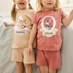 Personlig Stjärnmoln Initial Söt Skog Djur Mjuk Barnpyjamas T-shirt Shorts Set med Namn Multicolor Tillgänglig Födelsedagspresent för Pojkar Flickor
