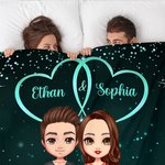 Personalized Cartoon Character Starry Sky Double Heart Soft Throw Blanket with Names and Year Home Decor Valentine's Day Anniversary Gift for Couple