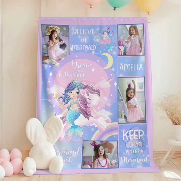 Personnalisé Fantasy Mermaid 4 Photos Collage Soft Throw Blanket with Name Nursery Decor Birthday Baby Shower Gift for Kids