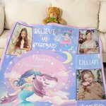 Personalised Fantasy Mermaid 4 Photos Collage Soft Throw Blanket with Name Nursery Decor Birthday Baby Shower Gift for Kids