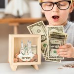 Personalized Cartoon Dragon Castle Initial Wood Clear Money Box Piggy Bank with Name Birthday for Kids