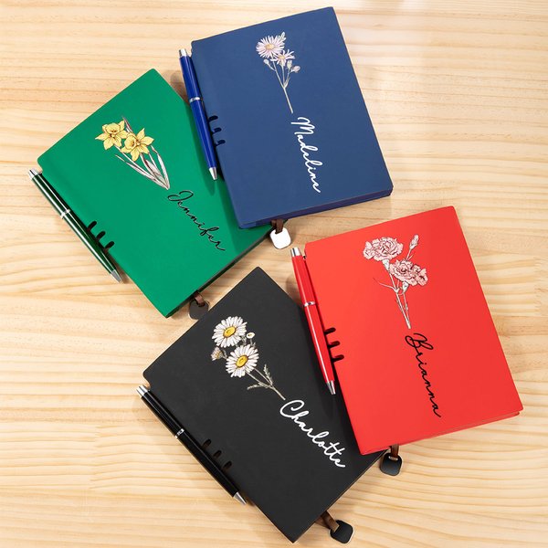 Personalised Birth Flower Leather A5 Lined Journal Notebook and Pen Set Birthday Gift for Artists Painters Office Workers