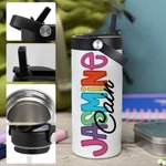 Gepersonaliseerde kleurrijke letter naam geïsoleerd 15oz Kid waterfles met vouwen rietje en handvat terug naar school verjaardagscadeau voor jongens meisjes