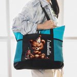 Personlig rolig tecknad grinig djur stor canvas tygkasse med nätficka för arbete resor födelsedagspresent för kvinnor