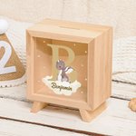 Personalized Cartoon Dragon Castle Initial Wood Clear Money Box Piggy Bank with Name Birthday for Kids