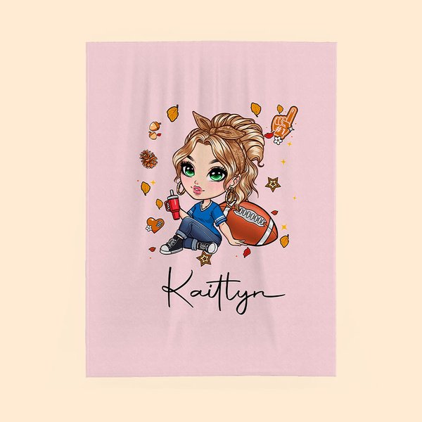 Personalized Cartoon Fashion Football Girl Soft Throw Blanket with Name Home Decor Birthday Sports Team Gift for Women Football Lovers
