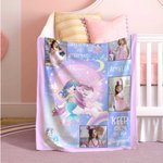 Personalised Fantasy Mermaid 4 Photos Collage Soft Throw Blanket with Name Nursery Decor Birthday Baby Shower Gift for Kids