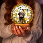 Gepersonaliseerd Cartoon Honden Portret Gebrandschilderd Glas Effect LED Nachtlampje met Houten Voet Uniek Verjaardagscadeau Huisdierbezitter