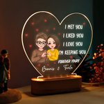 Personalised Cartoon Character Heart-shaped Gesture Acrylic LED Night Light with Wooden Base and Name Home Decor Valentine's Day Gift for Couple