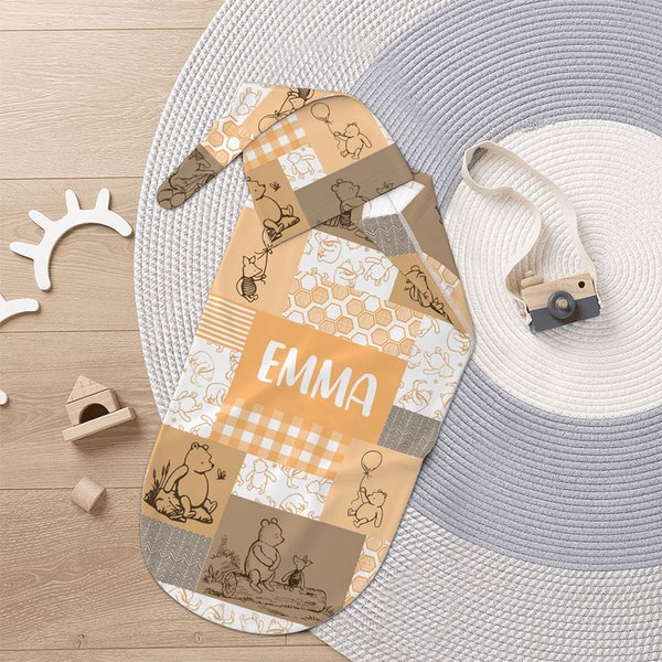 Personalized Multicolor Collage Classic Winnie the Pooh 100% Cotton Baby Swaddle Sack and Hat Set with Name Baby Shower Gift for Newborn