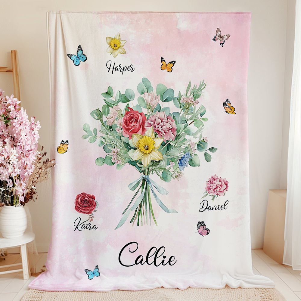 Personnalisé Aquarelle Fleur de naissance Bouquet Papillon Couverture douce avec nom Décoration de la maison Cadeau d'anniversaire pour la famille Femmes