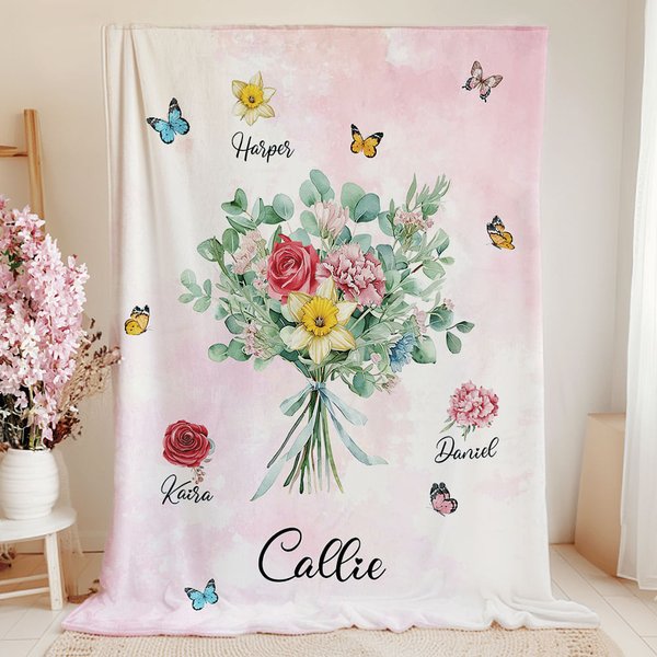 Personalizzato acquerello nascita bouquet di fiori farfalla morbida coperta con nome Home Decor regalo di compleanno per le donne della famiglia