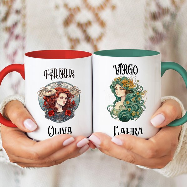 Personalised Zodiac Sign Constellation Colourful Cup Handle Ceramic Coffee Mug with Name Birthday Astrology Gift for Zodiac Lovers