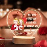 Personalised Cartoon Character Heart-shaped Gesture Acrylic LED Night Light with Wooden Base and Name Home Decor Valentine's Day Gift for Couple