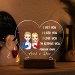 Personalised Cartoon Character Heart-shaped Gesture Acrylic LED Night Light with Wooden Base and Name Home Decor Valentine's Day Gift for Couple