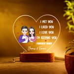 Personalised Cartoon Character Heart-shaped Gesture Acrylic LED Night Light with Wooden Base and Name Home Decor Valentine's Day Gift for Couple