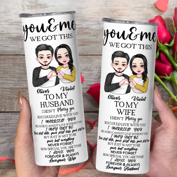 Personalized Cartoon Couple Heart Gesture 20oz Skinny Tumbler with Lid Straw Valentine's Day Anniversary Birthday Gift for Husband Wife Partner