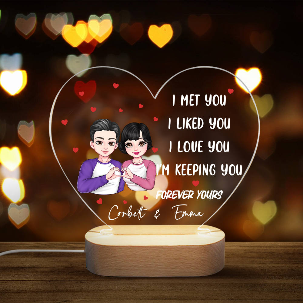 Veilleuse LED acrylique en forme de coeur avec base en bois et nom Cadeau de Saint Valentin pour couple