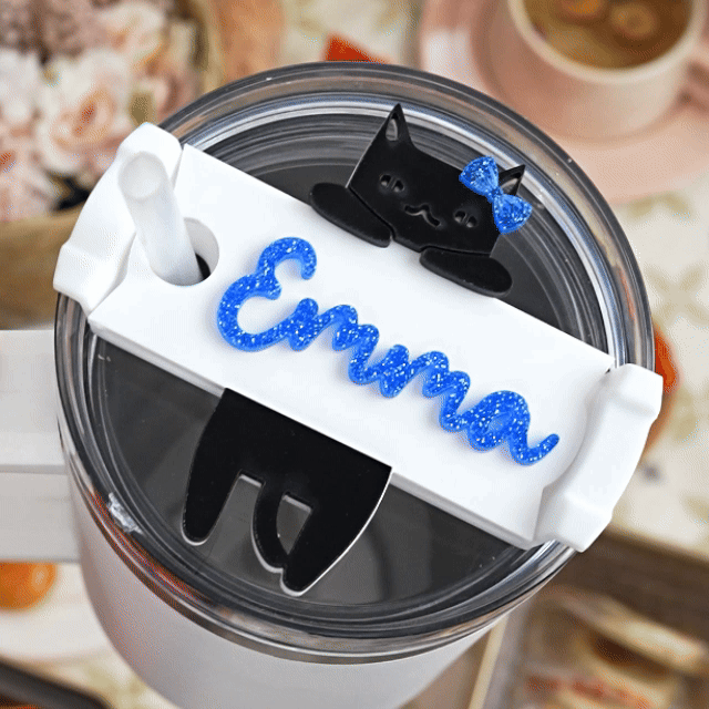 Personalised Cute Bow Cat Glitter Tumbler Name Plate Tag Accessories for Stanley Cup Birthday Gift for Cat Lovers