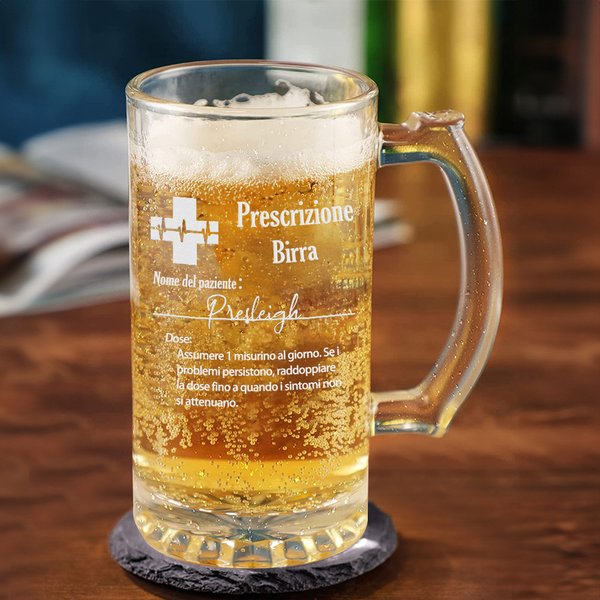Bicchiere da birra personalizzato prescrizione divertente con nome inciso 473ml vetro con manico sottobicchieri in ardesia regalo per papà