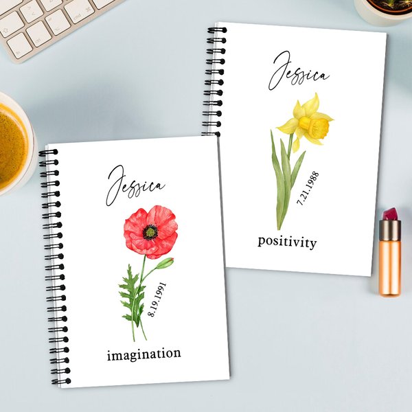 Personalised Watercolour Birthday Flower A5 Spiral Notebook with Name Date and Text Birthday Gift for Family Friends