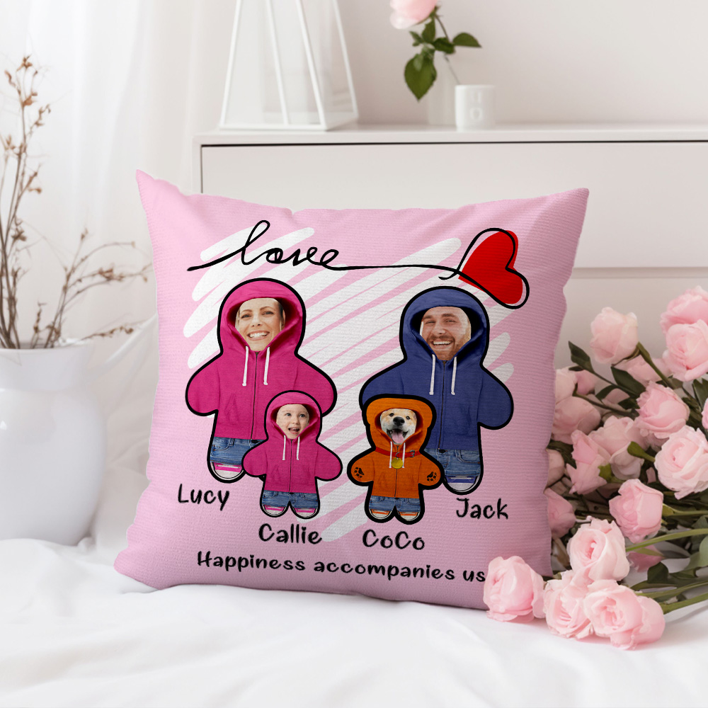 Personnalisé Love Heart 1-6 Cartoon Hoodie Face Photo Throw Pillow Cover with Names Home Decor Birthday Valentine's Day Gift for Couple Family