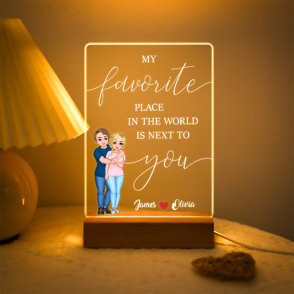 Veilleuse LED réglable avec nom et base en bois Personnalisée avec personnage de dessin animé Cadeau d'anniversaire de Saint-Valentin pour couple