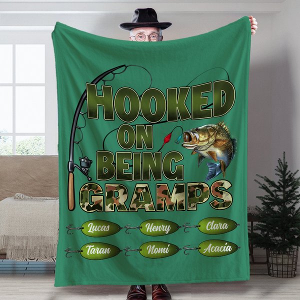 Personalized Hooked On Being Papa Fishing Soft Throw Blanket with 1-20 Names Home Decor Birthday Grandparents' Day Father's Day Gift for Dad Grandpa