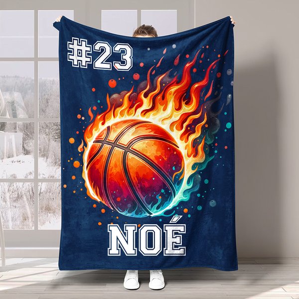 Manta suave personalizada con diseño de baloncesto y fútbol con nombre y número regalo de cumpleaños para amantes de los deportes y partidos