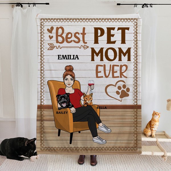 Personalized Best Pet Mom Dad Ever 1-3 Cat Dog Cartoon Soft Throw Blanket with Name and Funny Quote Home Decor Birthday Gift for Cat Dog Pet Lover