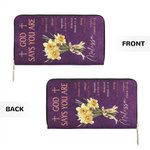 Personalised God Says You Are Birth Flower Bouquet PU Leather Long Wallet with Name and Bible Verse Positive Affirmation Religious Gift for Christian