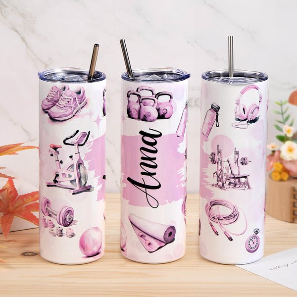 Personalized Watercolour Fitness Equipment Why You Started 20oz Skinny Tumbler with Lid Straw Motivational Birthday Gift for Workout Coach Gym Lover