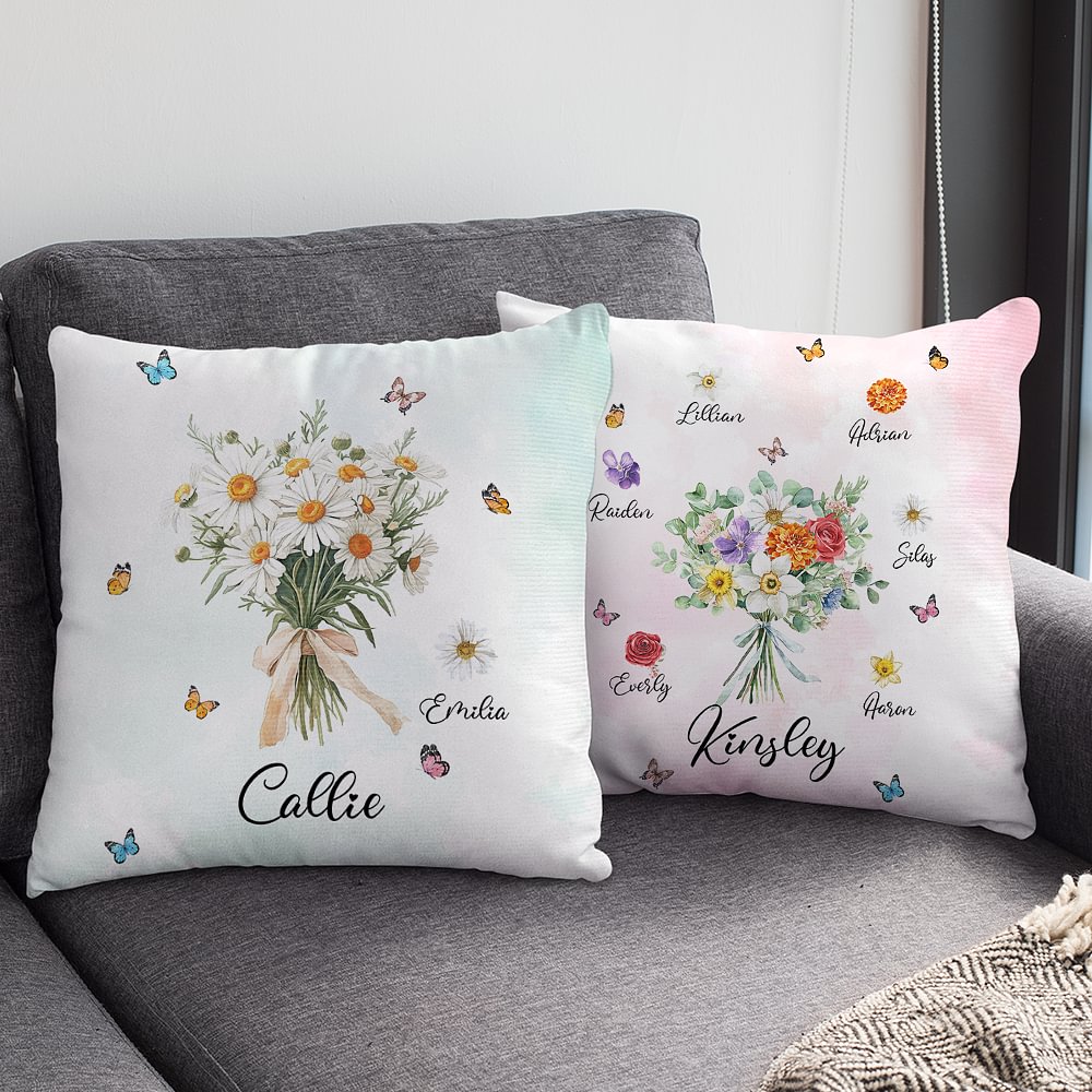 Housse de coussin personnalisée en forme de bouquet de fleurs et de papillons avec nom de famille et 1-8 noms Décoration de la maison Cadeau d'anniver