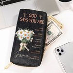 Personalised God Says You Are Birth Flower Bouquet PU Leather Long Wallet with Name and Bible Verse Positive Affirmation Religious Gift for Christian