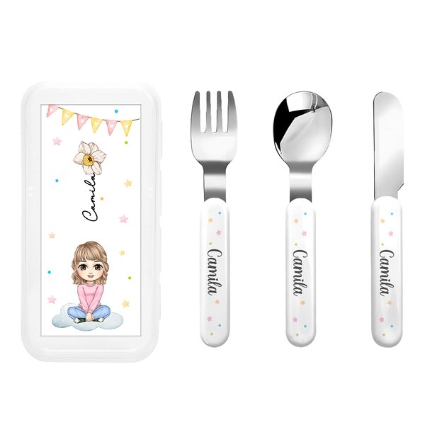 Personalized Cute Flower Animal Fork Spoon Knife 3 Pcs Cutlery Set with Name Back to School Easter Birthday Gift for Boys Girls