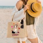 Personalised Lip Mark Cartoon Fashion Girl Reusable Large Jute Tote Bag with Name In Lipstick Birthday Bridesmaid Gift for Women