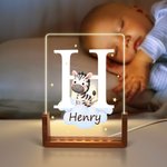Personalised Cute Forest Animals Cloud Star Acrylic LED Night Light with Wooden Base Name and Initial Birthday Children's Day Gift for Boys Girls