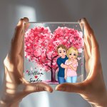 Personlig tecknad kramande par rosa hjärta träd akrylplatta med namn skrivbordsdekor Alla hjärtans dag jubileumsgåva för par