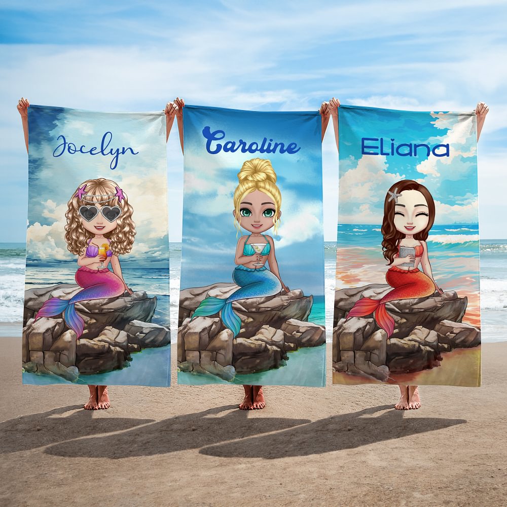 Serviette de Plage Personnalisée avec Nom et Personnage Dessin Animé Style de Sirène Cadeau Anniversaire pour Femme Fille