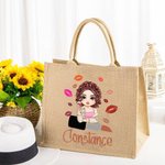 Personalised Lip Mark Cartoon Fashion Girl Reusable Large Jute Tote Bag with Name In Lipstick Birthday Bridesmaid Gift for Women