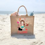 Personalised Lip Mark Cartoon Fashion Girl Reusable Large Jute Tote Bag with Name In Lipstick Birthday Bridesmaid Gift for Women
